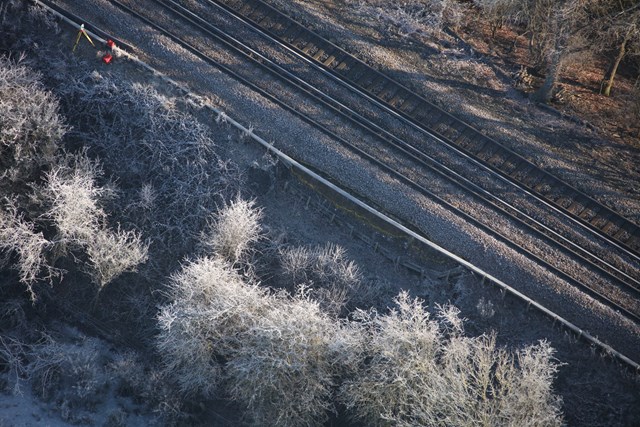 Engineers begin repairs to 10-metre Lingfield landslip, which closed the railway between Hurst Green and East Grinstead, Surrey: Lingfield Landslip - picture Network Rail Air Ops